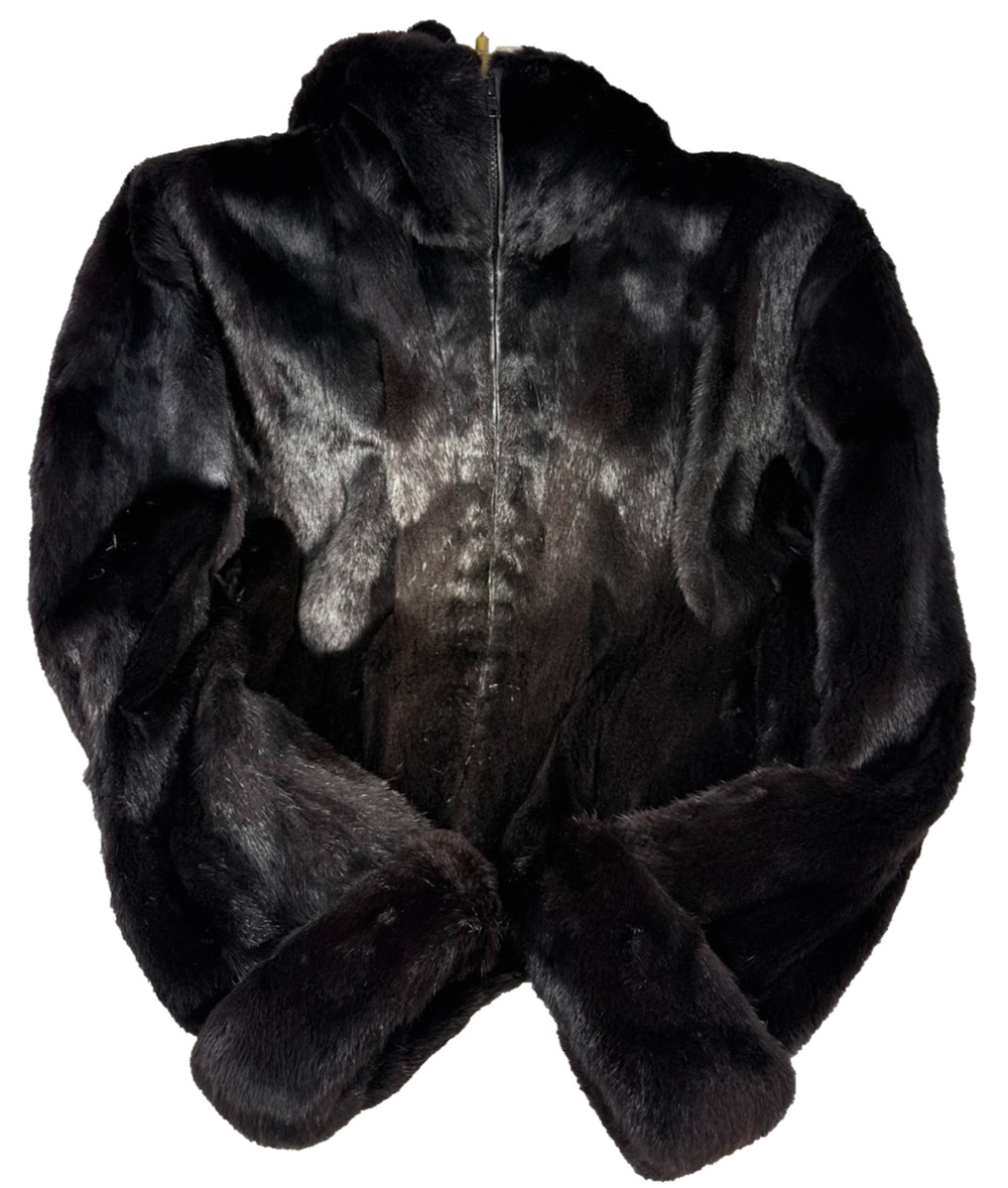 Konstantine Furs NYC Black Sheared Mink Real Fur Hooded Zip Front Jacket Women